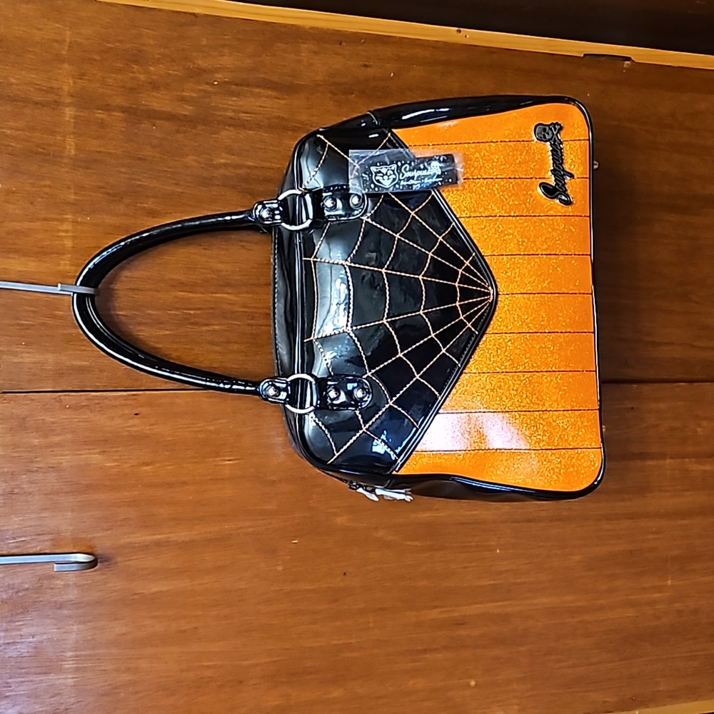 Sourpuss Black and Orange Glitter spiderweb domed/bowling bag